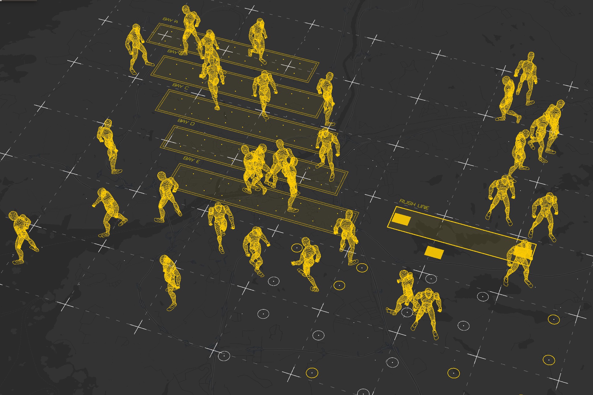 Wireframe robots moving across the factory floor map